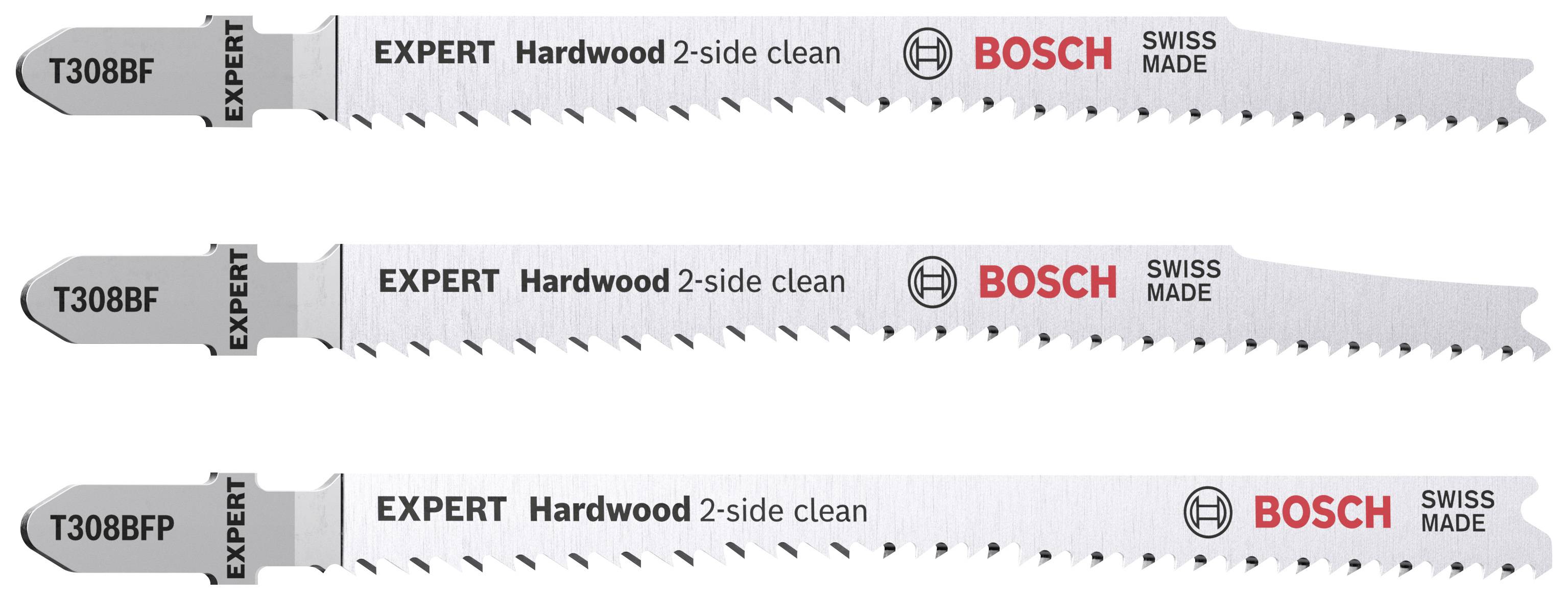 'Tri Bosch žagilne liste za trdo les z napisom: EXPERT Hardwood 2-side clean. Narejeno v Švici.'