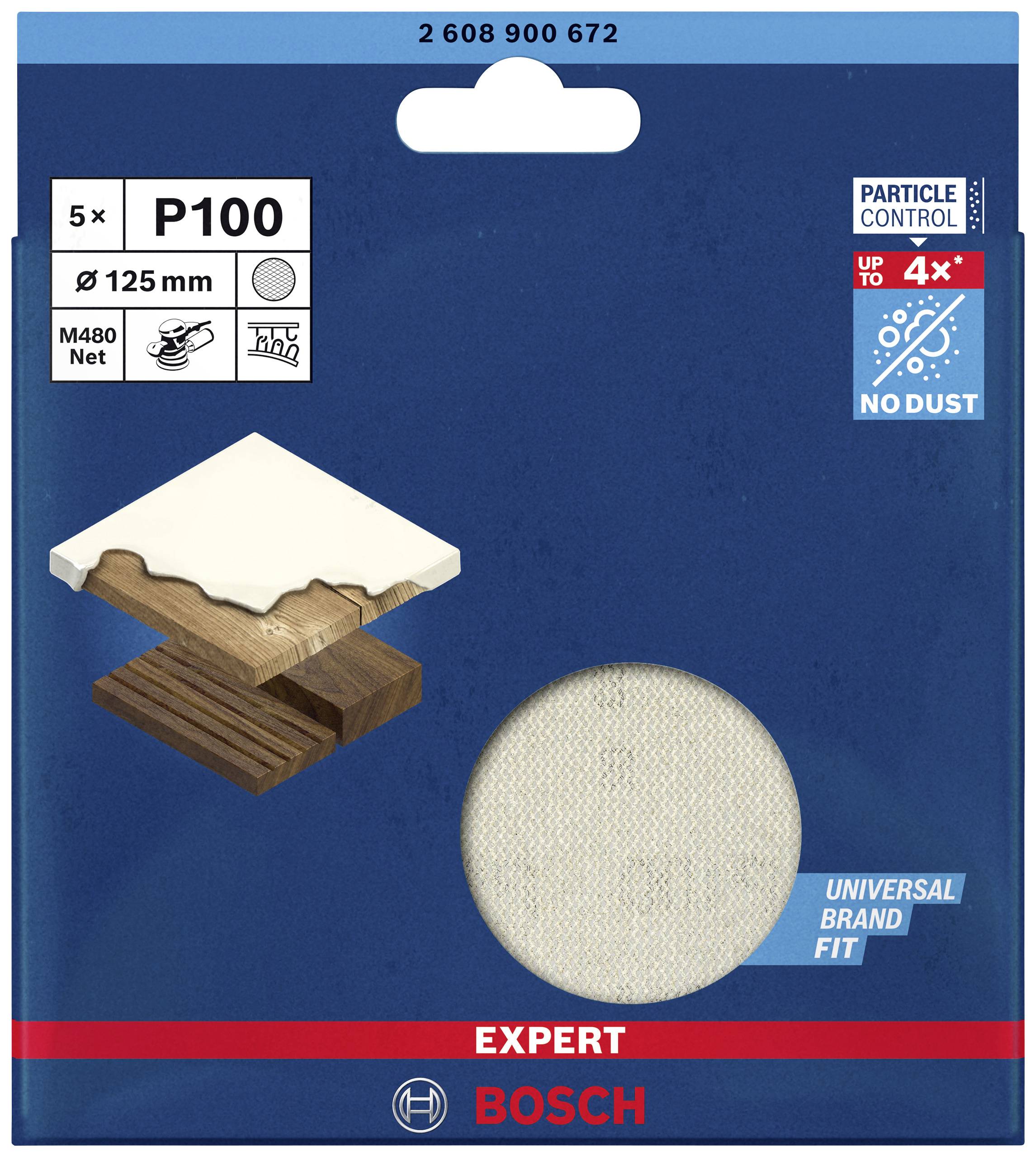 Brusni papir Bosch, zrnatost P100, premer 125 mm, 5 kosov, primeren za les, lakirane površine, brušenje brez prahu.