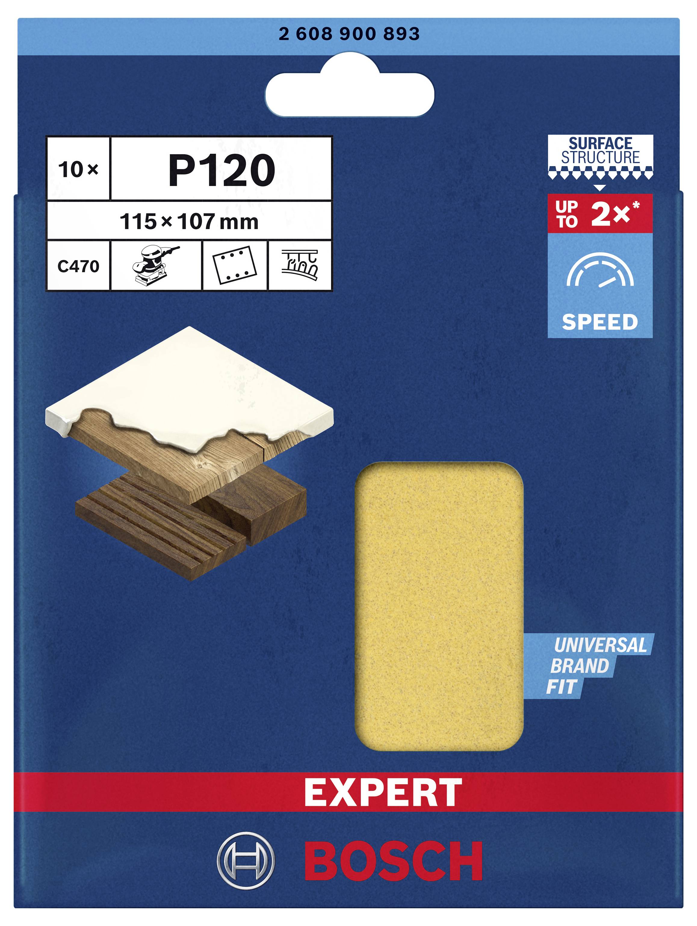 Embalaža brusnega papirja: 10 kosov, granulacija P120, velikost 115 x 107 mm. Primerno za les in barvo. Znamka: Bosch, linija: Expert.