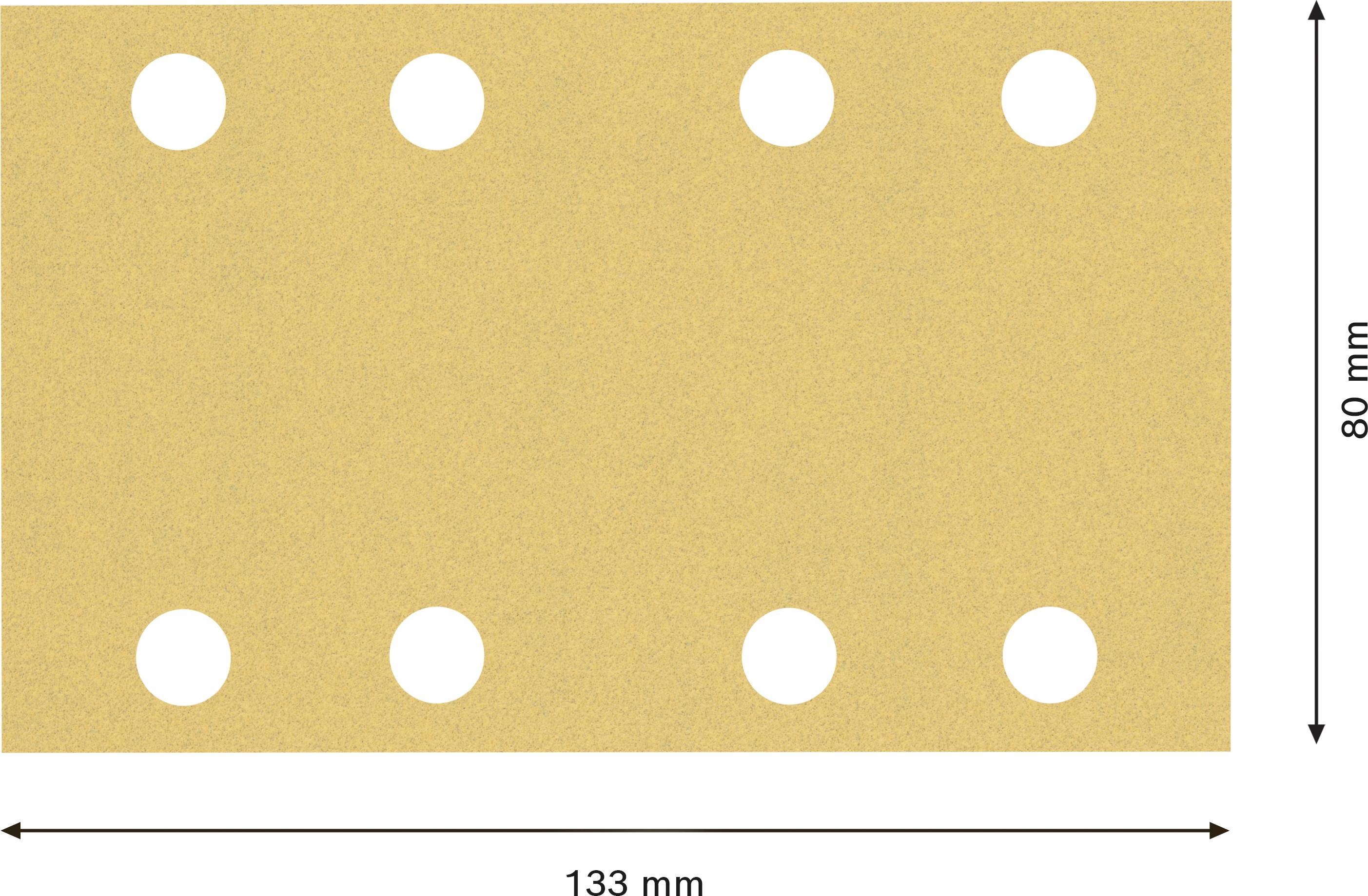 Bež pravokotnik z 8 luknjami; mere: 133 mm x 80 mm.