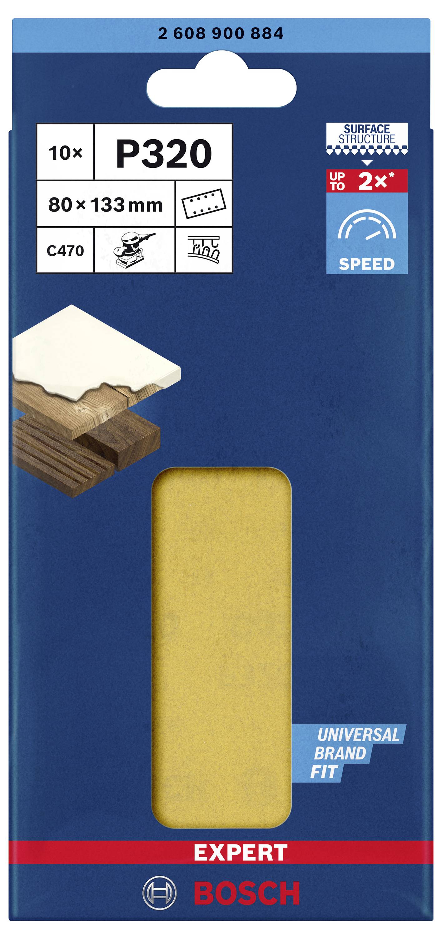 Embalaža Bosch brusnih listov, model P320, velikost 80x133mm, 10 kosov. Primerno za les in barvo, poveča hitrost brušenja.