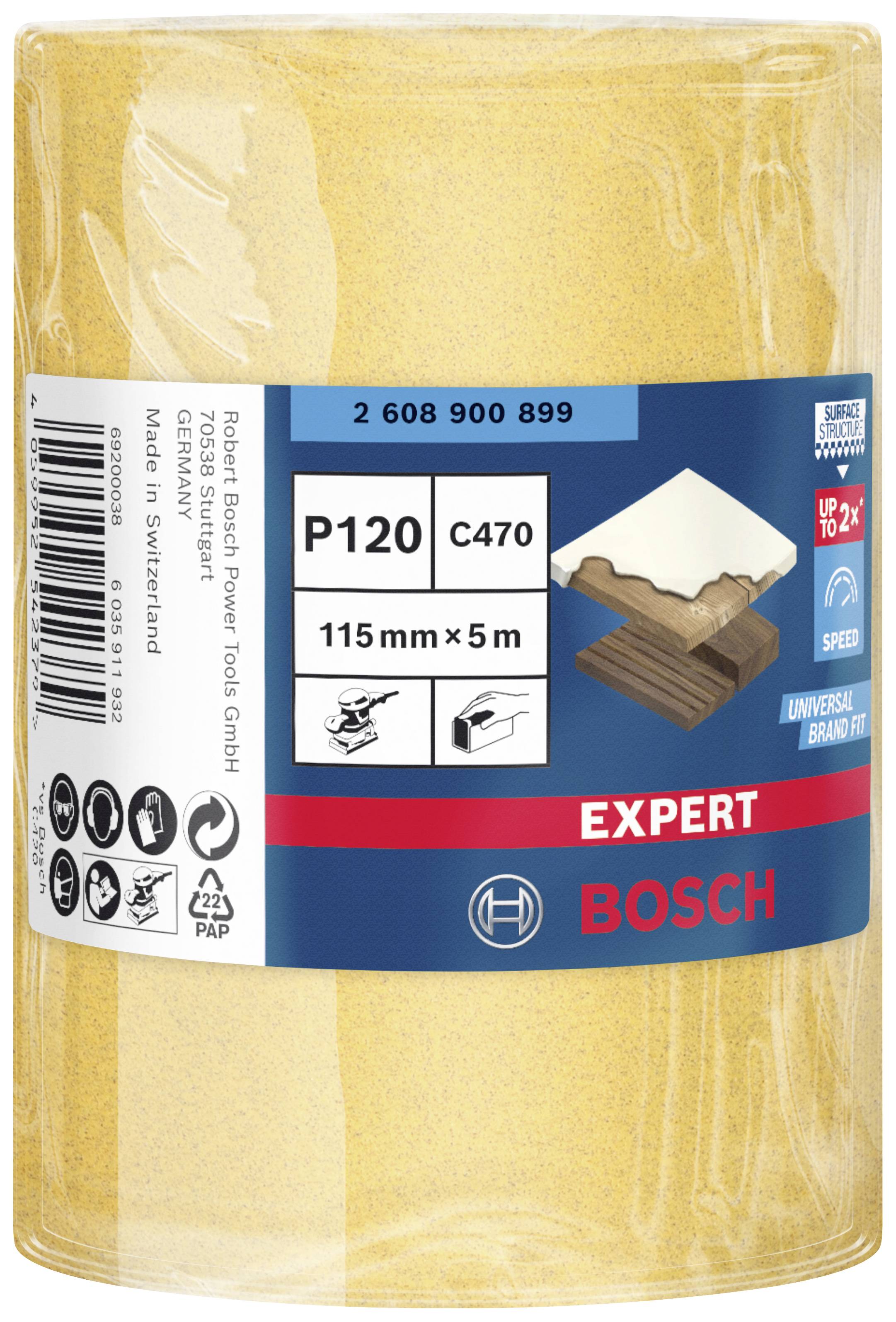'Brusni papir Bosch Expert, granulacija P120, 115 mm x 5 m, primeren za lesene površine, izdelan v Švici.'