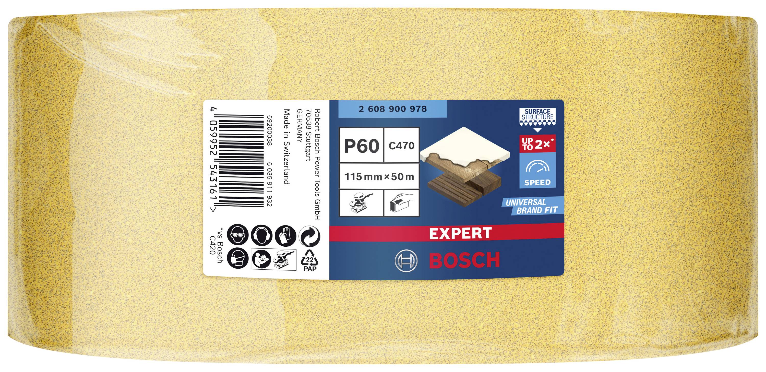 Brusni papir v roli znamke Bosch, granulacija P60, 115 mm x 50 m, primeren za obdelavo lesa in lakanja, linija 'Expert', univerzalna blagovna znamka.