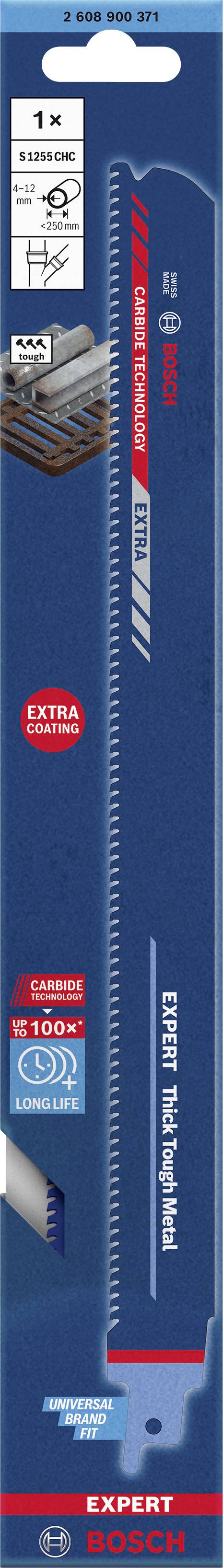 Žagin list Bosch Expert za tanko kovino, slika žaginega lista v originalni embalaži, poudarja trajnost in visoko zmogljivost za kovinske materiale.