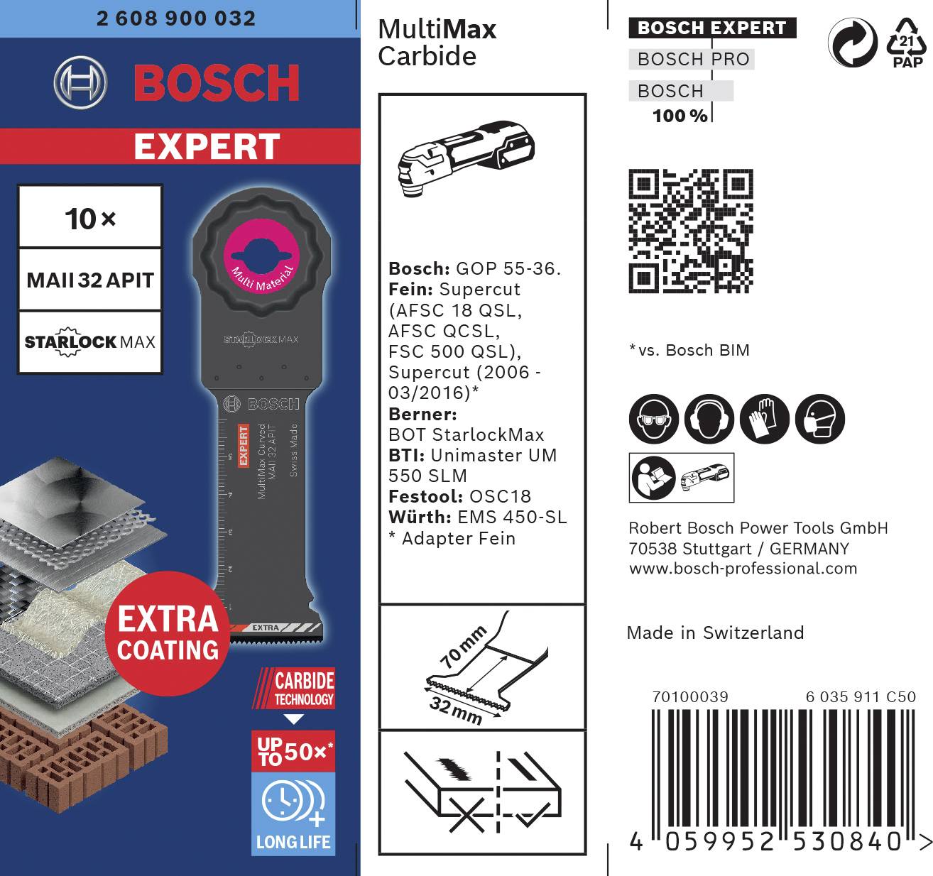 'Bosch Expert' embalaža za MultiMax karbidno žaginsko rezilo. Vsebuje specifikacije, združljivosti in informacije o izdelovalcu.