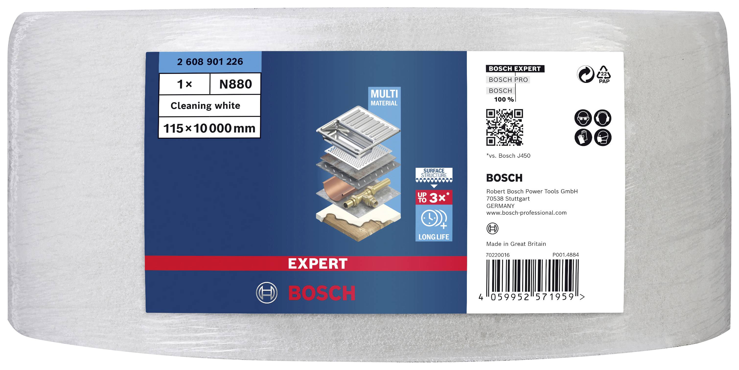 Embalaža z nalepko za Boschevo čistilno blazinico. Prikazuje simbol plasti materiala, mere 115x1000 mm, številka artikla 2 608 901 226, črtna koda, QR-koda.