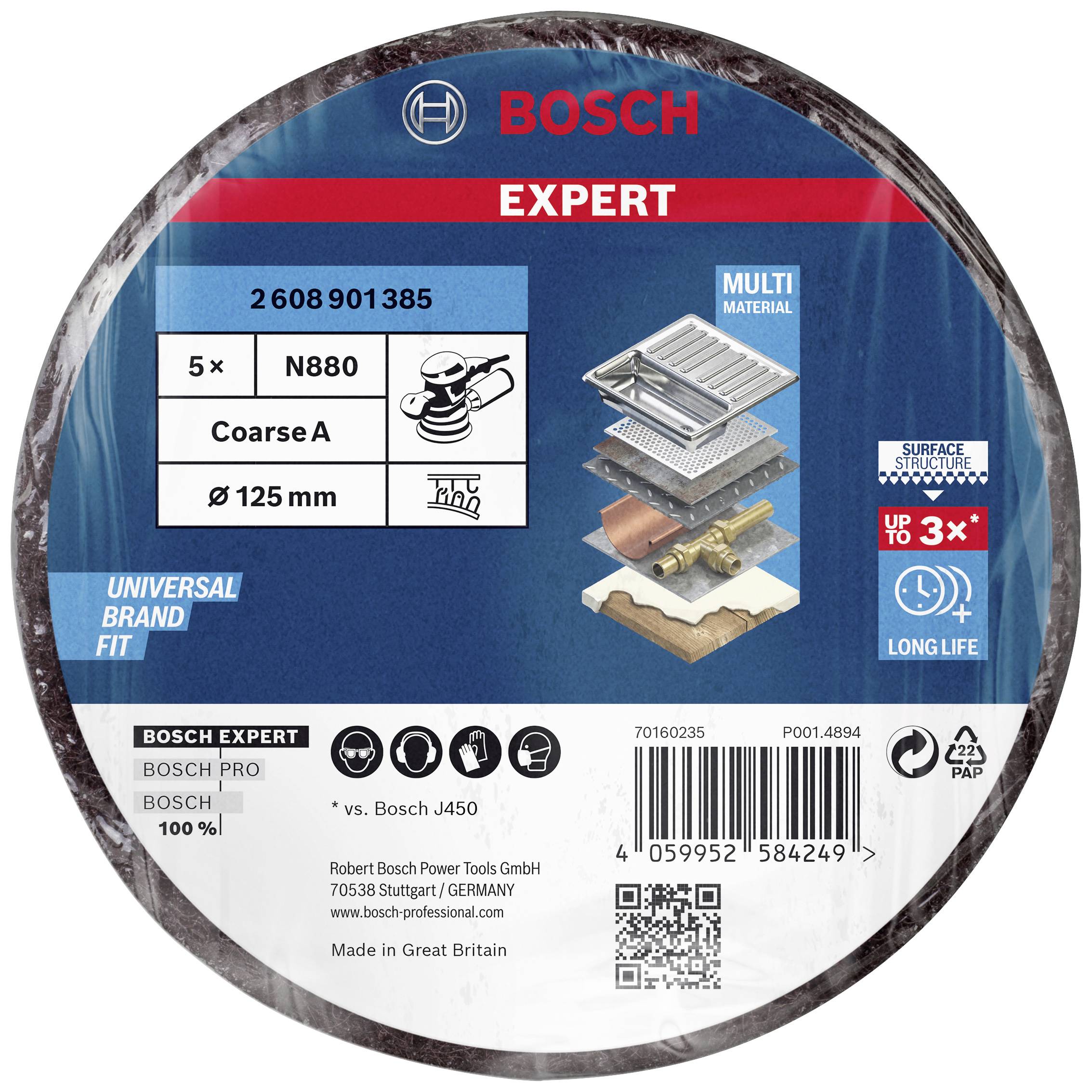 Brusilna plošča znamke Bosch 'Expert', primerna za različne materiale. Premer: 125 mm, granulacija: Groba A, 5 kosov.
