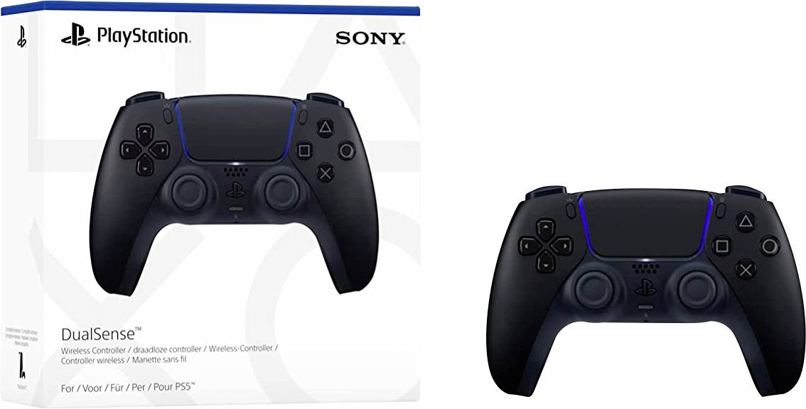 'PlayStation 5 DualSense brezžični krmilnik' poleg embalaže z istim krmilnikom, z logotipom Sony in imenom izdelka.