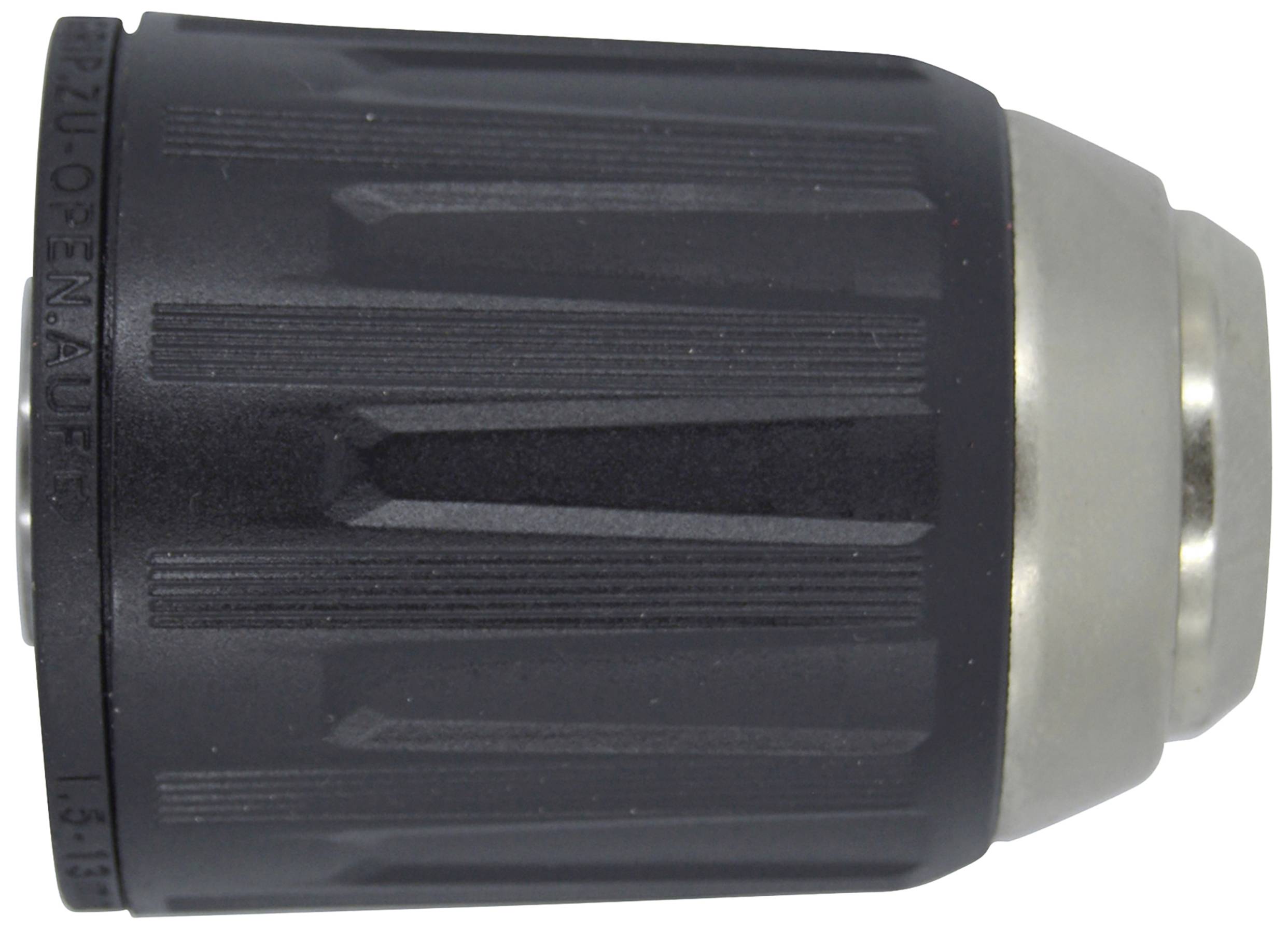 Črn vrtalni patent iz plastike in kovine, pogleden s strani. Uporablja se za pritrjevanje svedra v vrtalni stroj.
