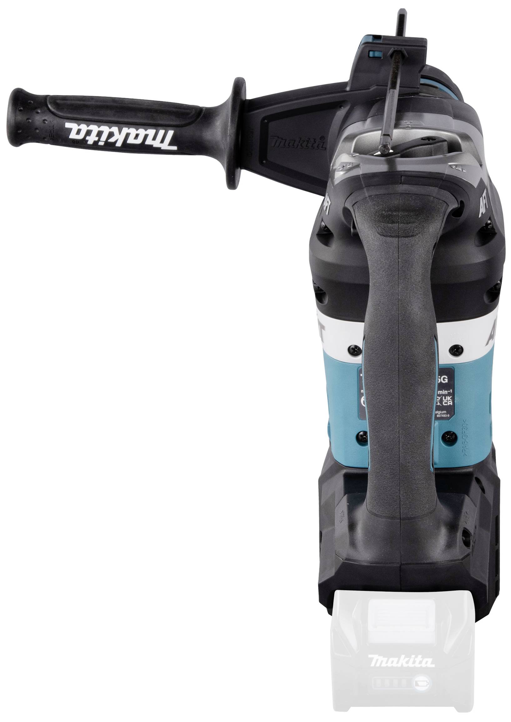 Makitov vrtalni kladilnik z ergonomskim ročajem in priključkom za baterijo, primeren za vrtanje in udarno delo v gradbenih projektih.