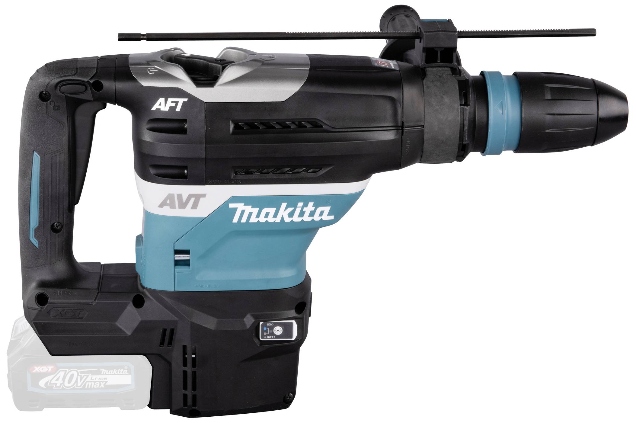 Makita SDS-Plus kladivo je brezvrvno električno orodje v črni in modri barvi, primerno za vrtalna dela.