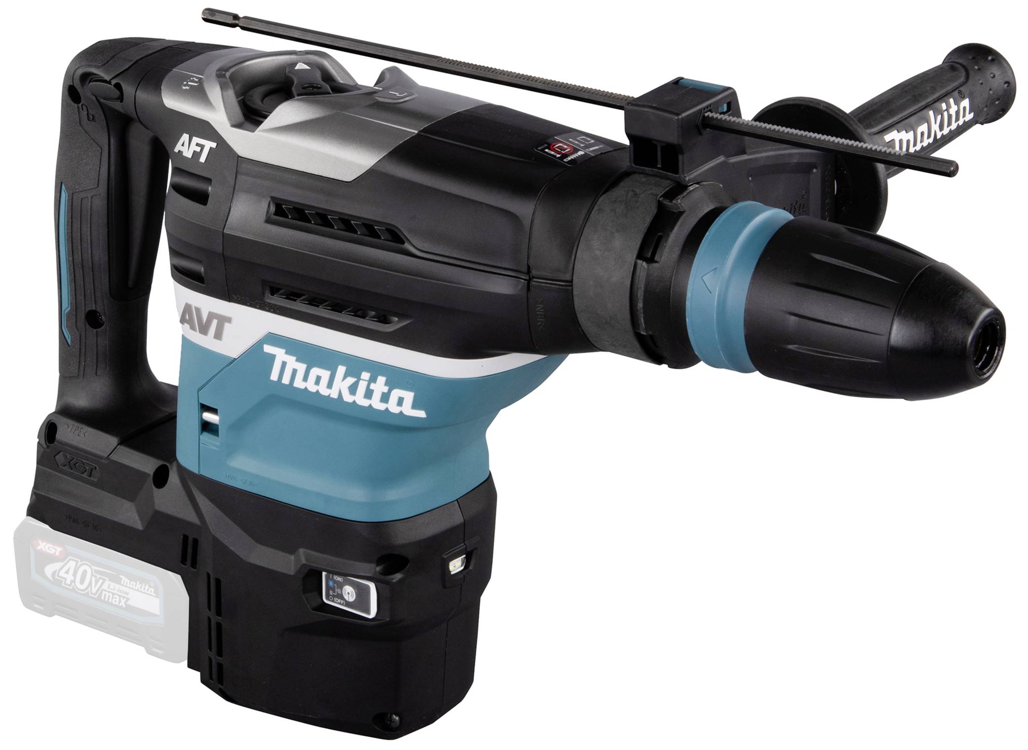 Brezžični vrtalni kladivi znamke Makita v modri in črni barvi. Opremljen je z ergonomskim ročajem in svedrom na konici.