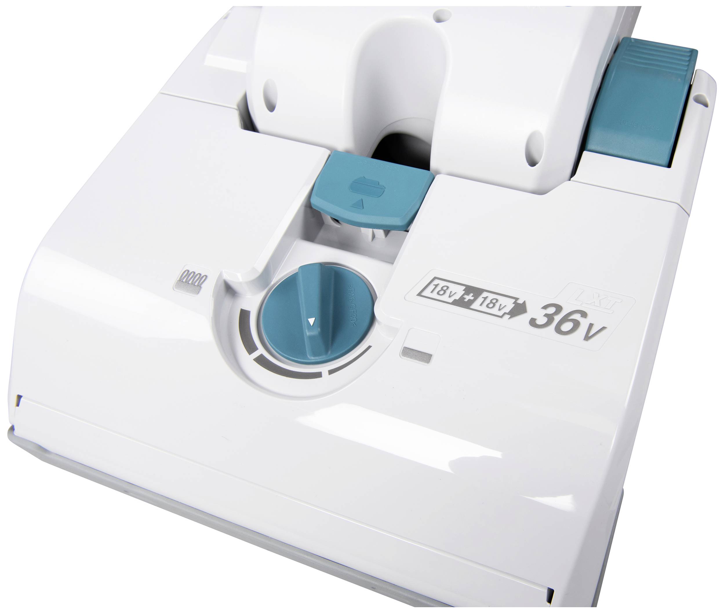 Bel sesalnik z možnostjo priključitve, opremljen s turkiznim nastavljenim gumbom in oznako napetosti '18V + 18V = 36V'.