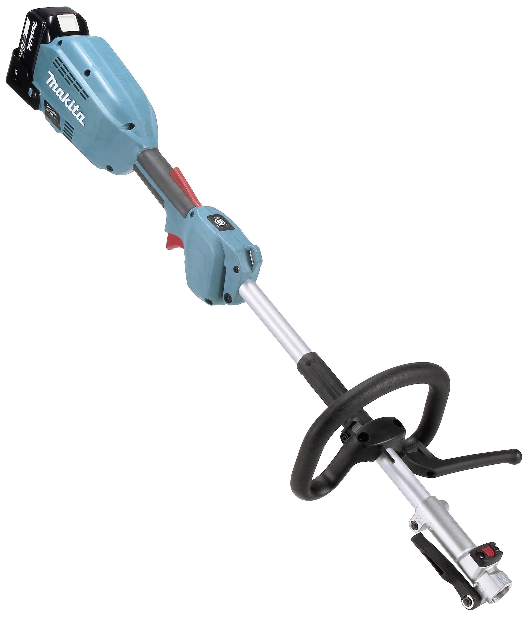 Makitov modro-zelen električni vrtni pripomoček s teleskopskim ročajem in ergonomskim črnim ročajem.