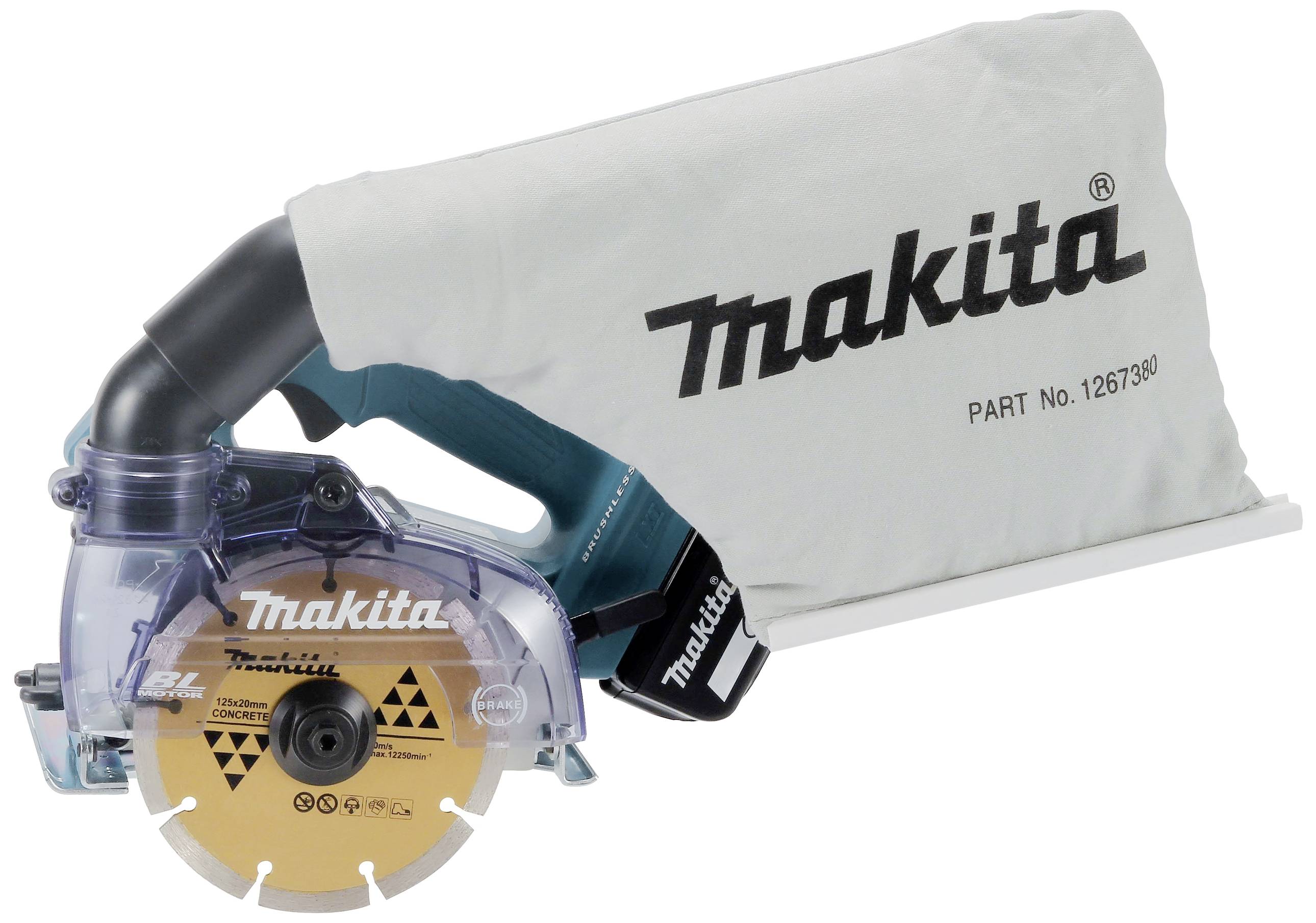 Makitina krožna žaga z zbiralnikom prahu, ergonomskim ročajem in zaščitnim pokrovom. Primerna za natančno rezanje materialov.