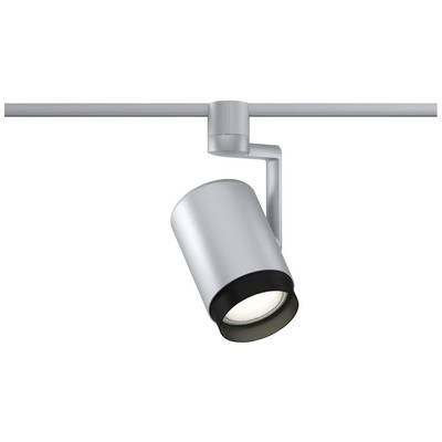 Srebrna tirna svetilka s cilindričnim nasadilom, nastavljiva na horizontalni tirnici; moderno-minimalistično oblikovanje.