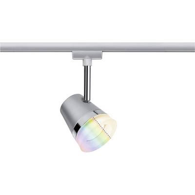 Srebrn LED-reflektor za tirnice s svetlobo, ki spreminja barvo. Idealen za ustvarjanje prijetnega vzdušja v bivalnih prostorih.