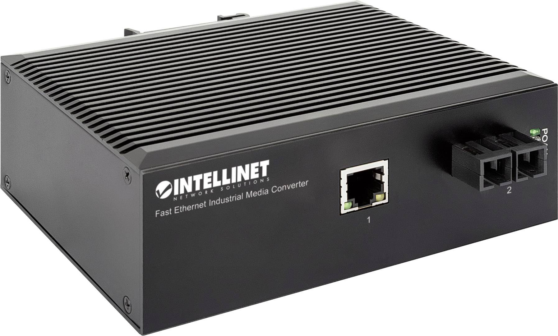 Črn industrijski medijski pretvornik Fast Ethernet podjetja Intellinet z ethernet in optičnimi priključki na sprednji strani.