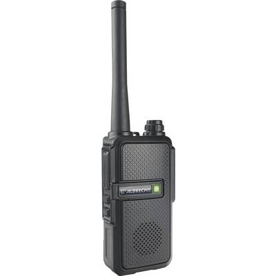 Črn walkie-talkie znamke 'Albrecht' z anteno in svetlečim zelenim gumbom na sprednji strani.