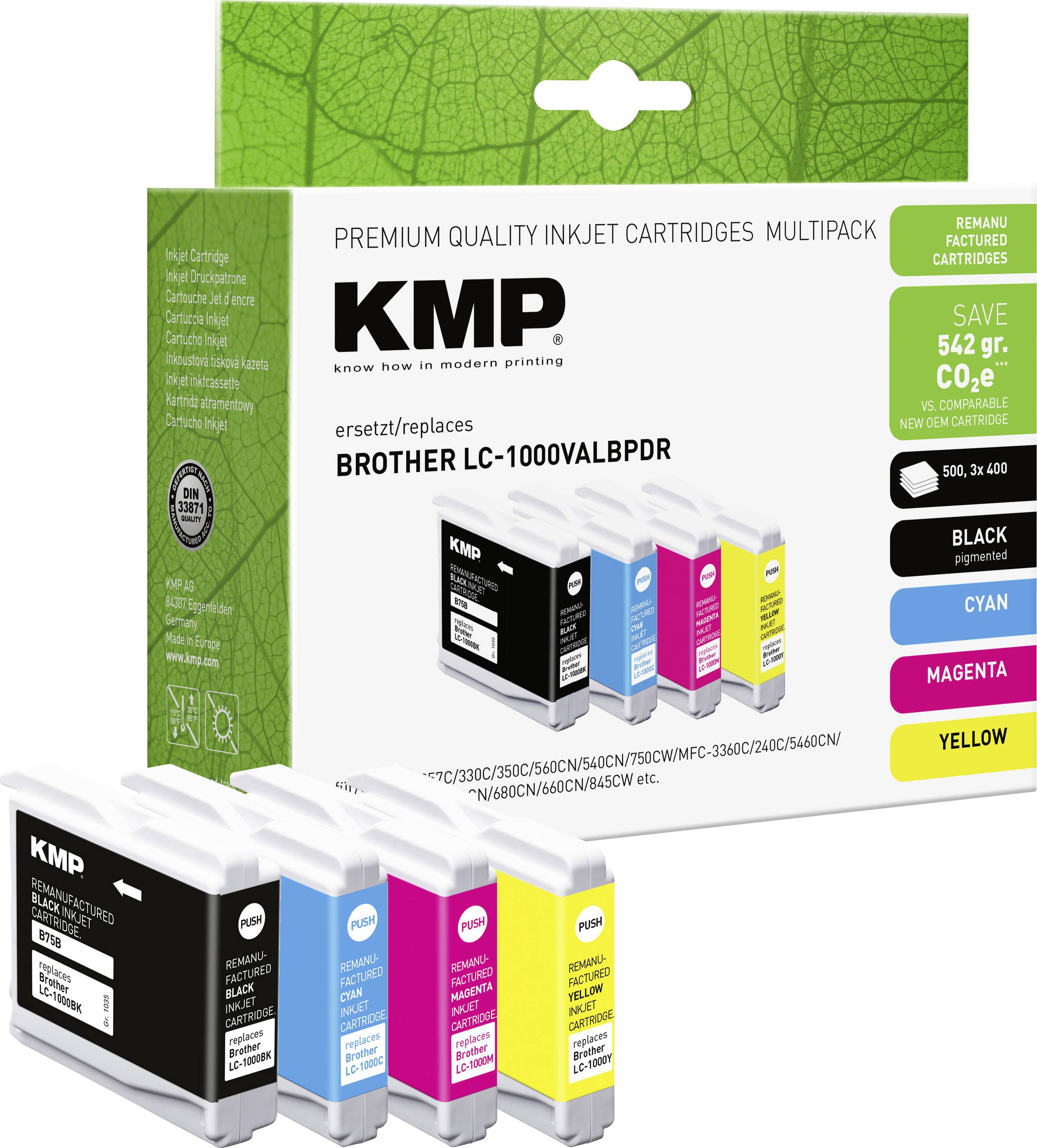 KMP večpakovni komplet črnilnih kartuš za kompatibilne kartuše Brother LC-1000, ki prikazuje črne, cianove, magente in rumene kartuše ter trditev o varčevanju.