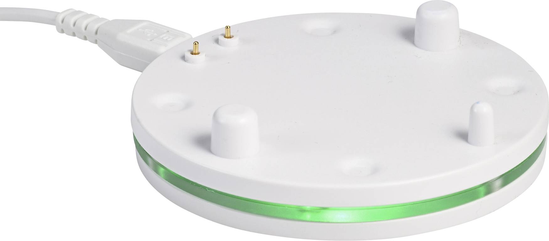 Beli okrogel elektronski naprav z USB kablom in zeleno osvetljenim obročem, prikazan na enostavnem ozadju.