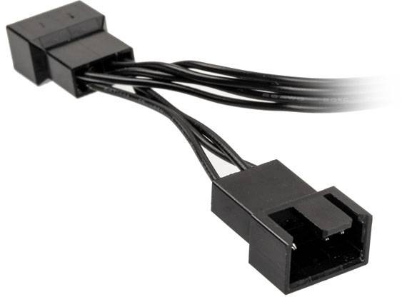 'Črn 3-pinski ventilatorski kabel s split vtičem, ki se razdeli na dva ločena priključka.'