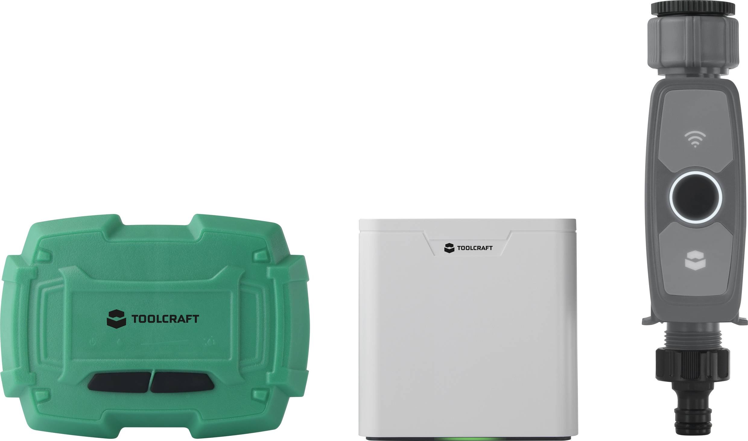 Toolcraft WLAN-namakalski računalnik prikazuje krmilno škatlo, kontrolni modul in priključek za cev za namakanje vrta.
