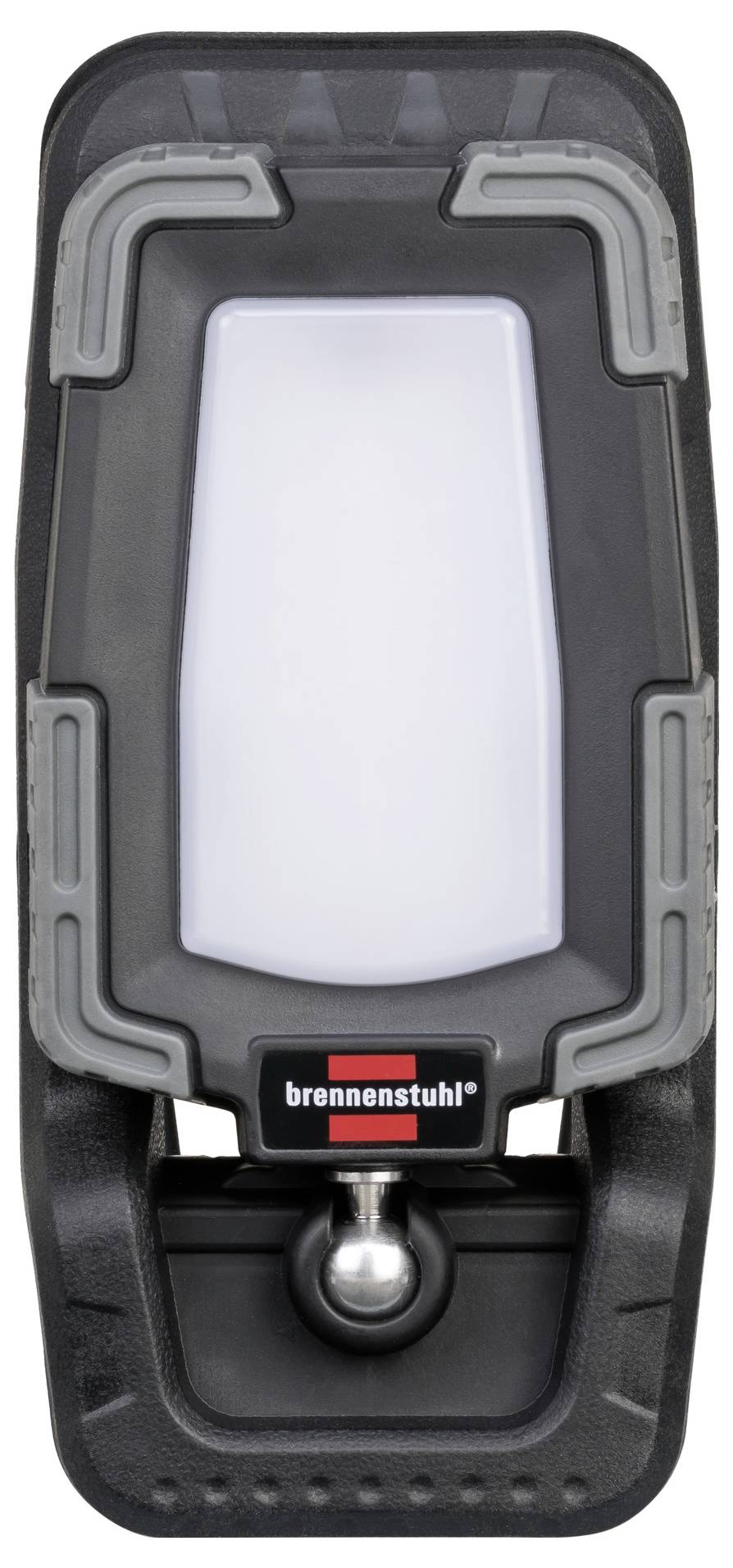 Prenosno delovno svetlobo črne barve z belo osrednjo ploskvijo, kovinskimi nosilnimi oklepaji in logotipom "brennenstuhl" na dnu.