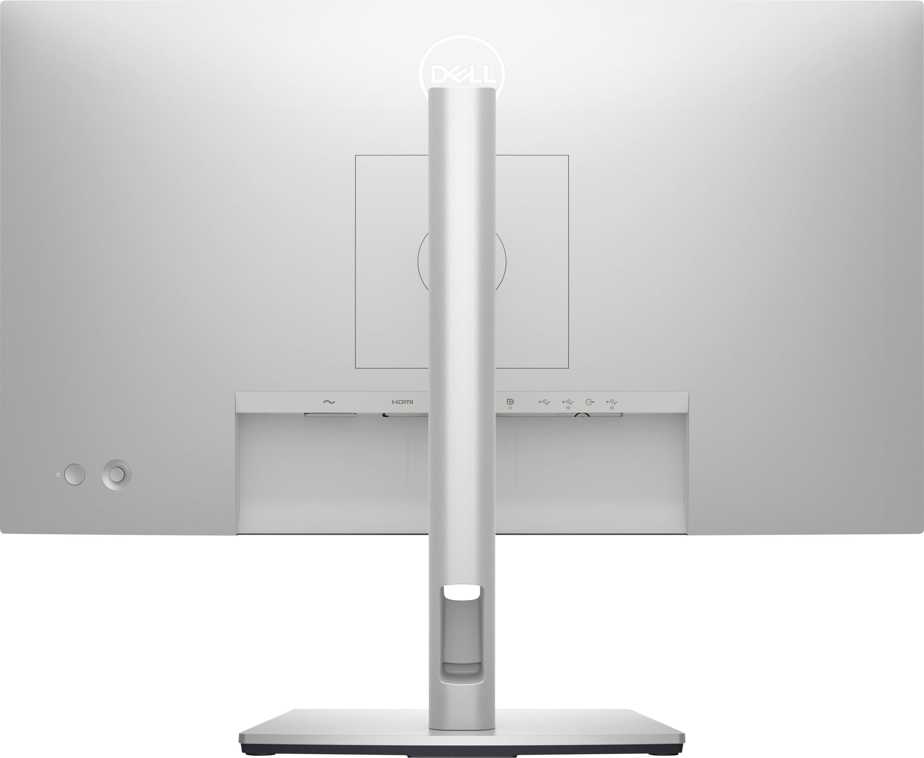 Pogled od zadaj na Dell monitor v srebrni barvi, z vitkim podstavkom in več priključki na zadnji strani.