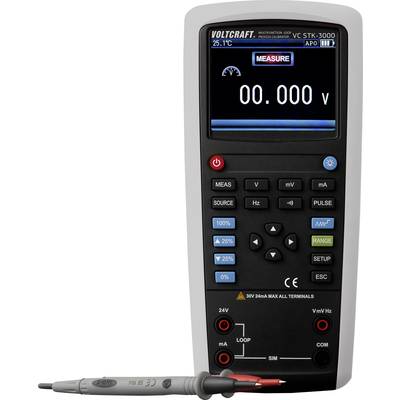 Multimeter v merilnem načinu prikazuje '0,000 V'. Pisane tipke za upravljanje, vrtljivi gumb spodaj. Priključni kabli ležijo zraven.