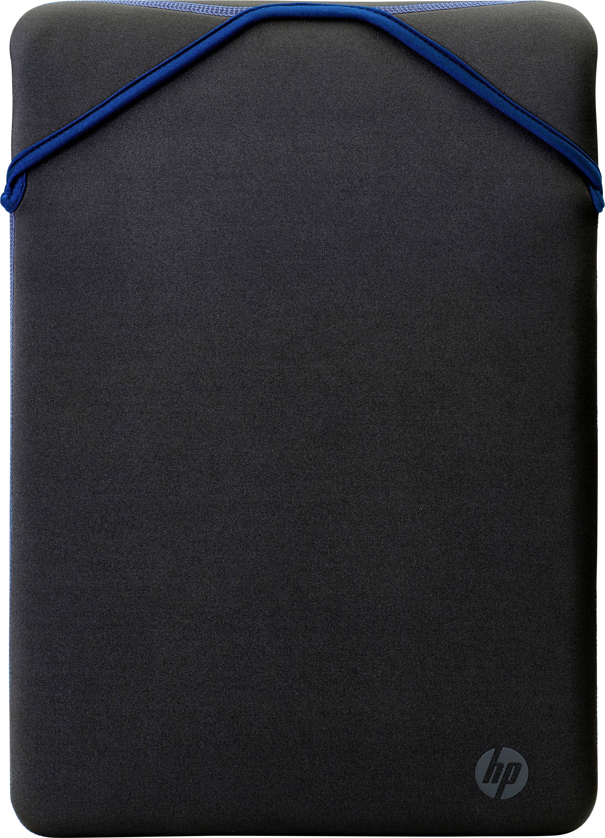 Črna torba za prenosnik z modrim zadrgo in diskretnim logotipom HP v kotu, minimalistično oblikovanje.