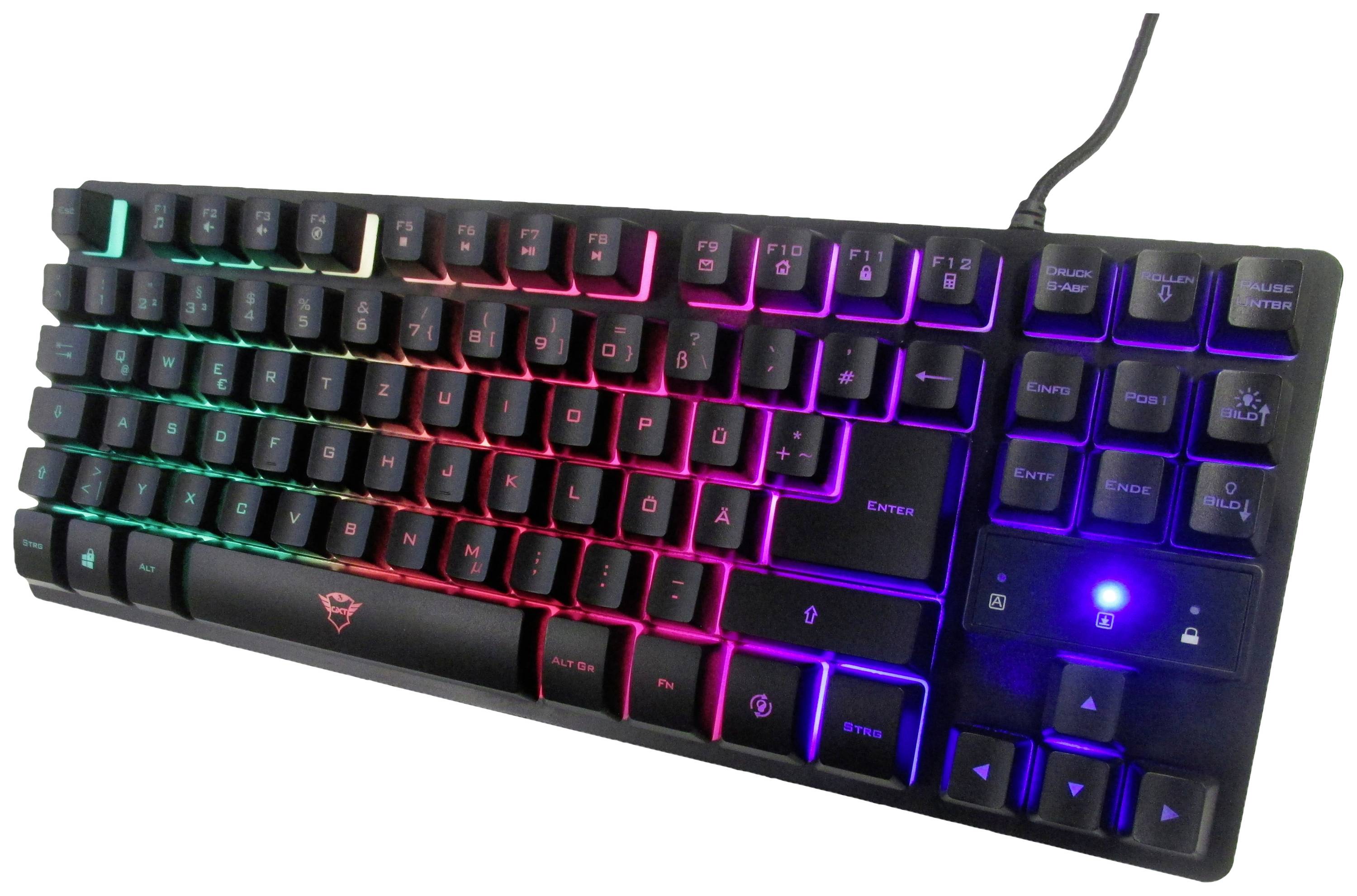 Mehanska tipkovnica z barvito RGB-osvetlitvijo ozadja in vidnim kablom.