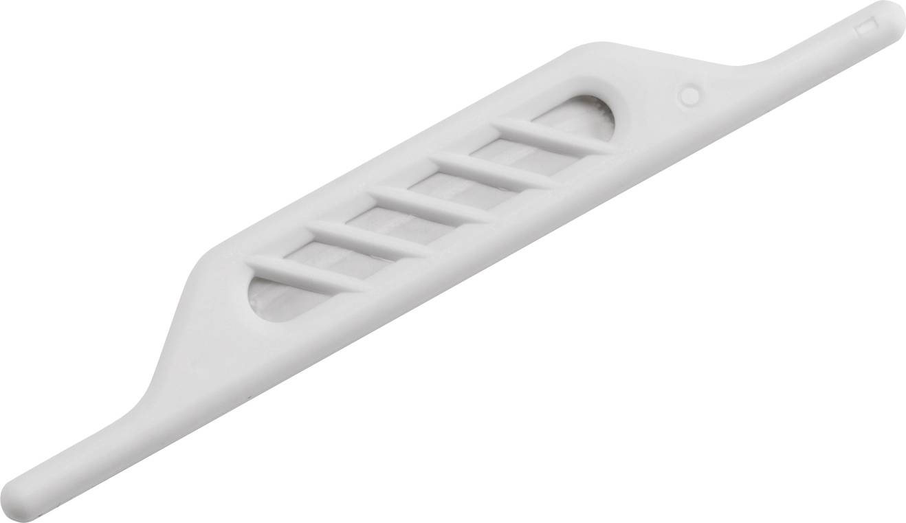 Bel pravokoten plastični ročaj z odprtimi pravokotnimi režami vzdolž sredine.