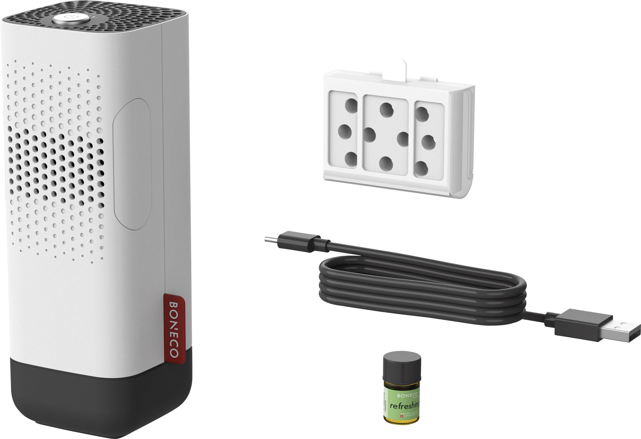 Čistilec zraka z USB kablom, posodico za dišavo in držalom za aromatični vložek. Nudi mobilno čiščenje in osvežitev zraka.