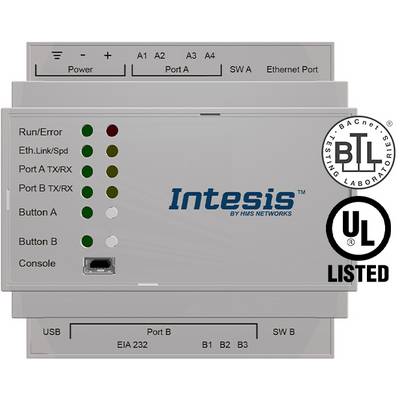 Modul 'Intesis' z ethernet priključkom in statusnimi LED-diodami za nadzor omrežja in priključkov. Certifikati: BTL, UL.