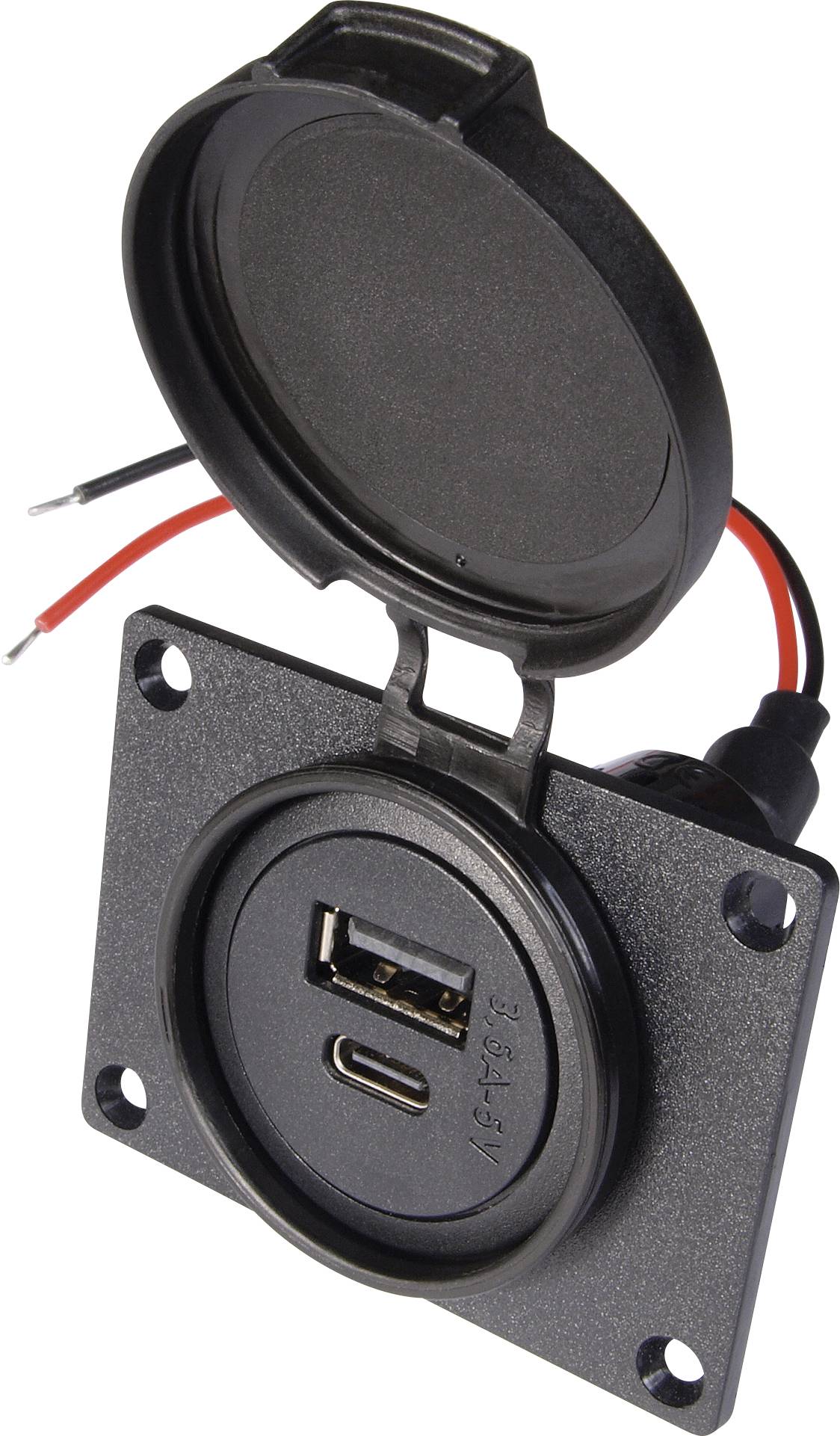 USB vtičnica z pokrovom in dvema priključkoma: USB-A in USB-C priključek, z rdečimi in črnimi kabli za napajanje.
