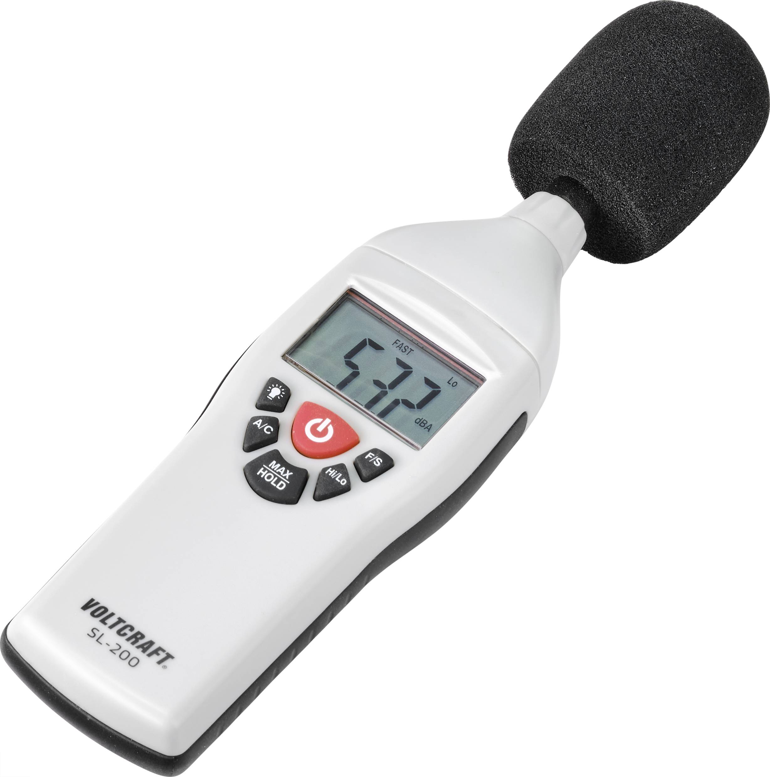 Bel merilnik hrupa bele barve prikazuje vrednost 57,7 dB. Na sprednji strani ima zaslon in več gumbov.