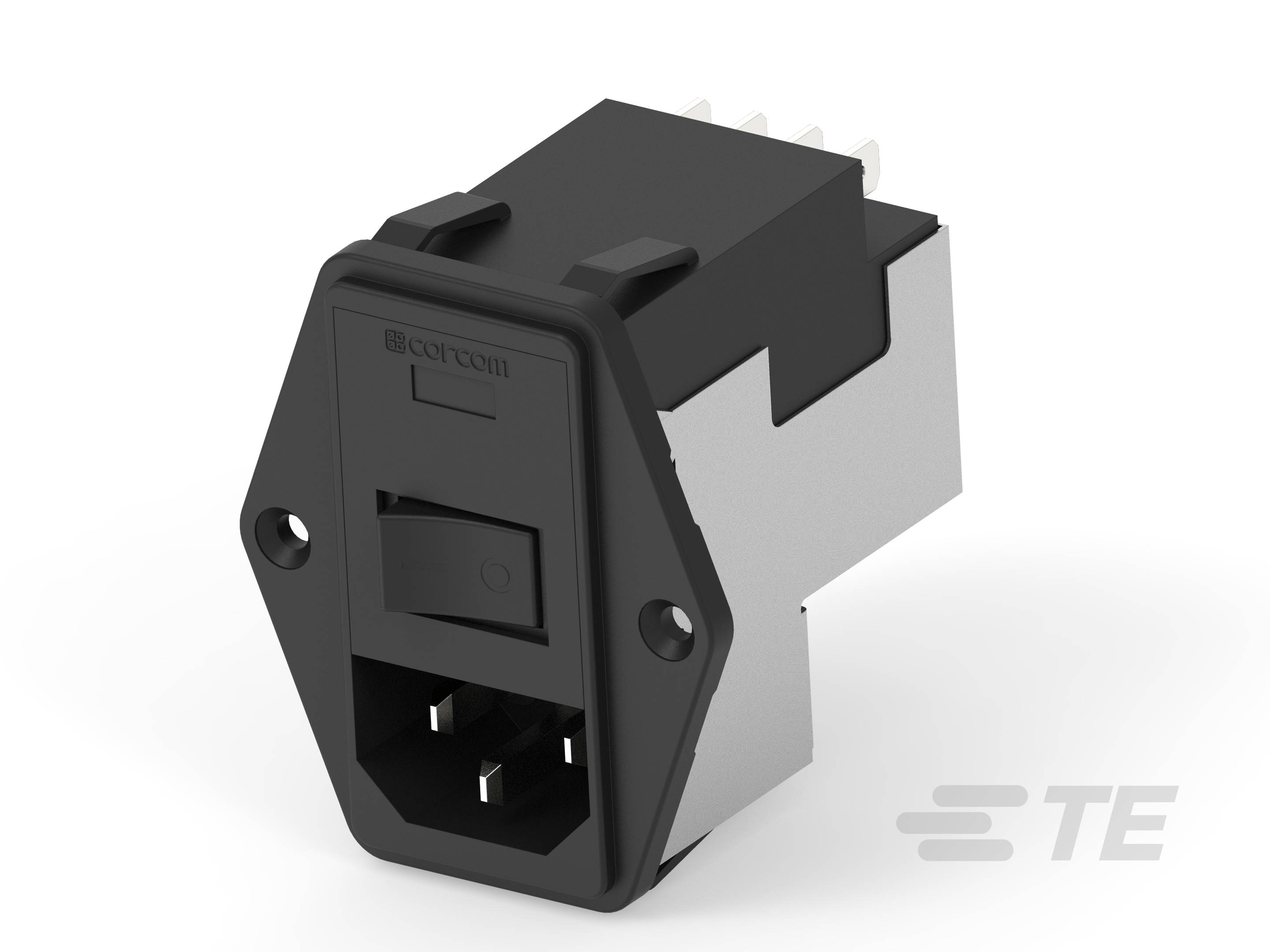 Slika črnega električnega priključka, nameščenega v srebrnem ohišju, z gumbom za vklop/izklop na sprednji strani.