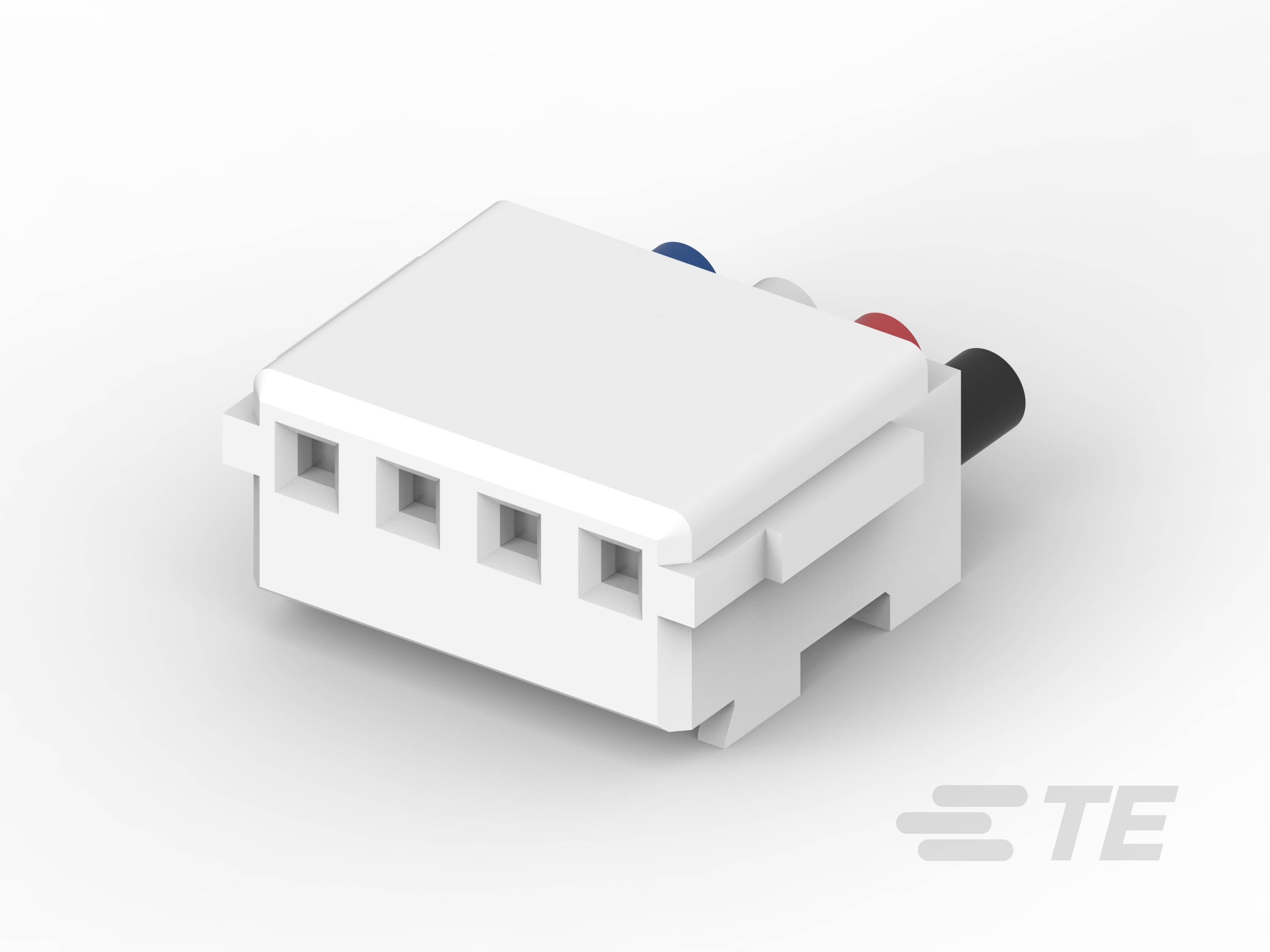 Bela, pravokotna komponenta priključka z štirimi kvadratnimi vtičnicami, primerna za električne priključke v tehničnih napravah.
