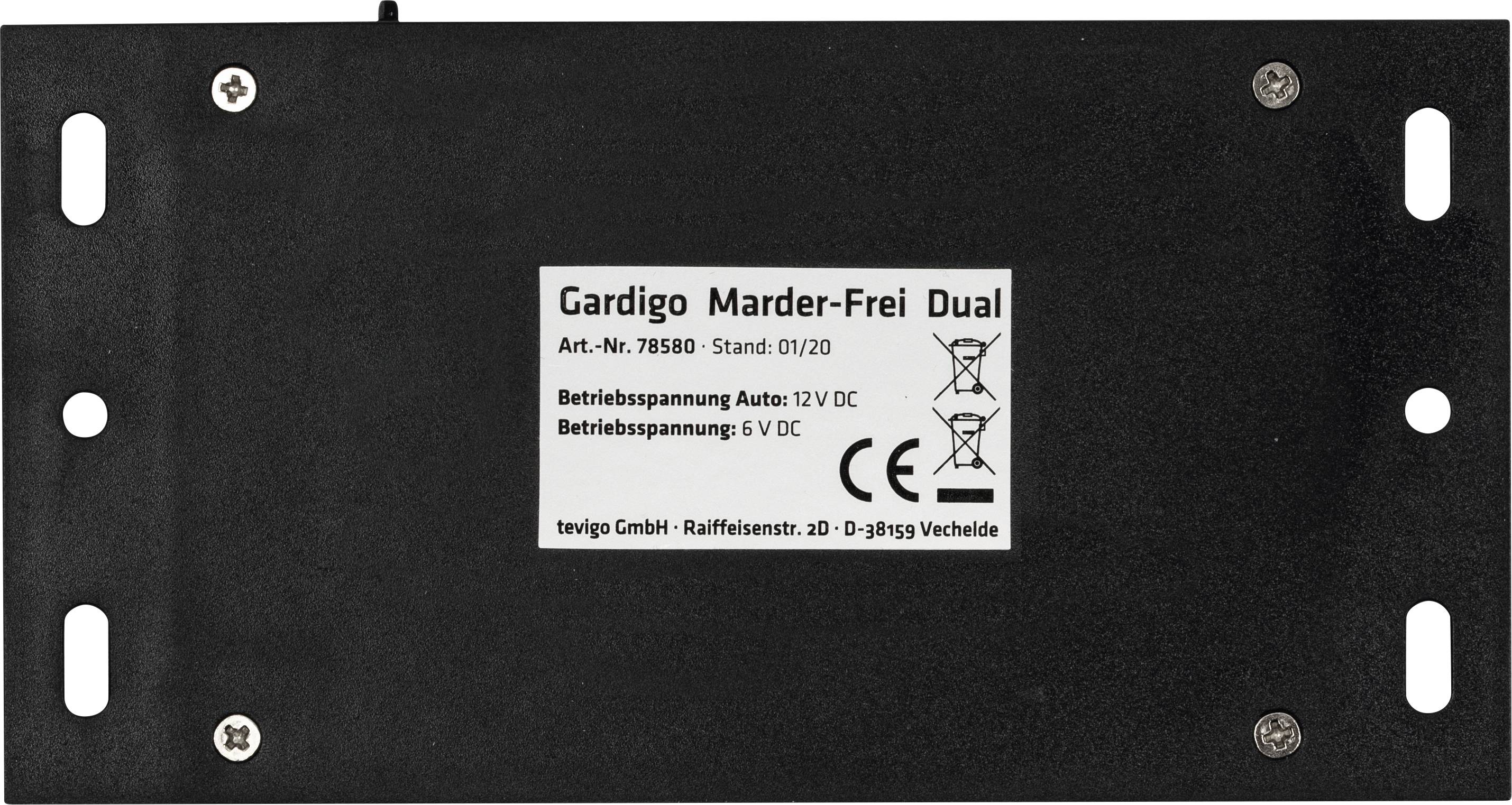 Črna naprava z nalepko 'Gardigo Marder-Frei Dual'. Podatki: Art.-št. 78580, obratovalna napetost za avto 12V DC, 6V DC.