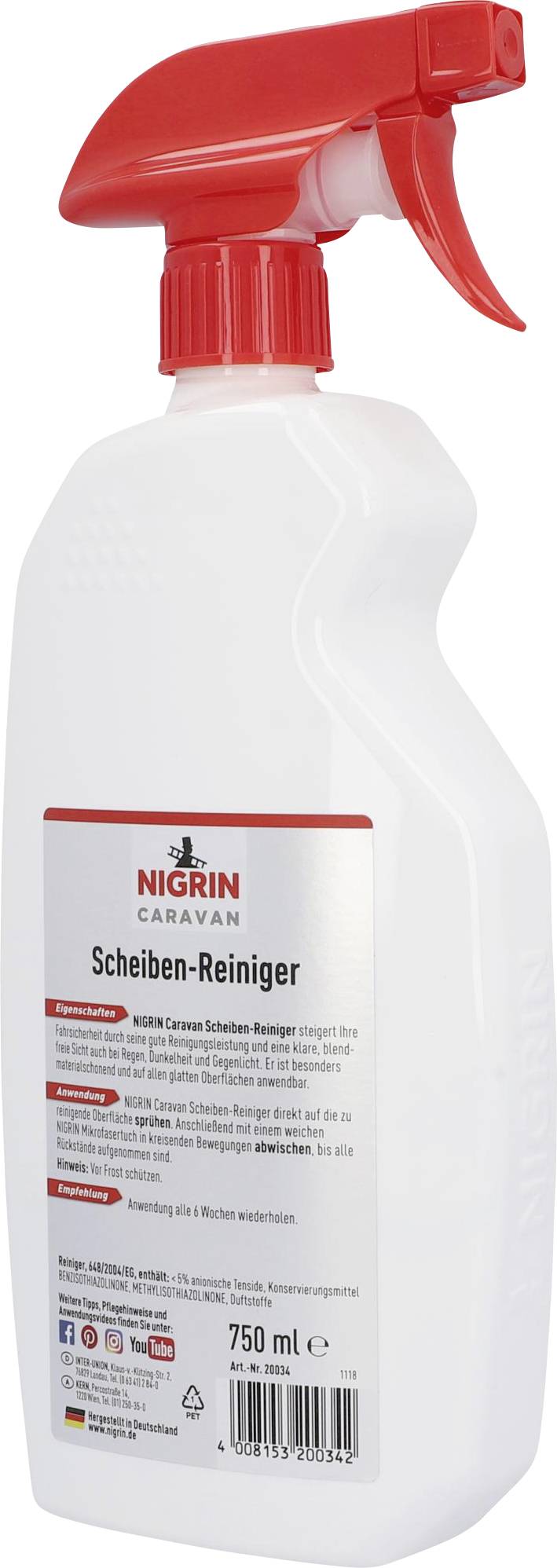 Bela razpršilna steklenica z rdečo šobo, napis 'Nigrin Caravan Scheiben-Reiniger'. 750 ml. Za čiščenje stekel počitniških prikolic.