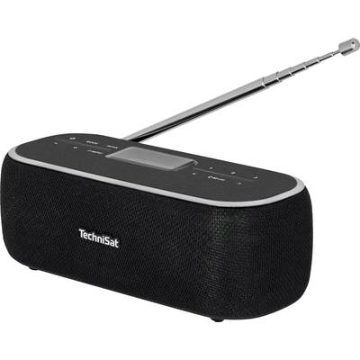 Prenosni radio znamke TechniSat z izvlečno anteno, primeren za poslušanje radia med potovanjem ali doma.