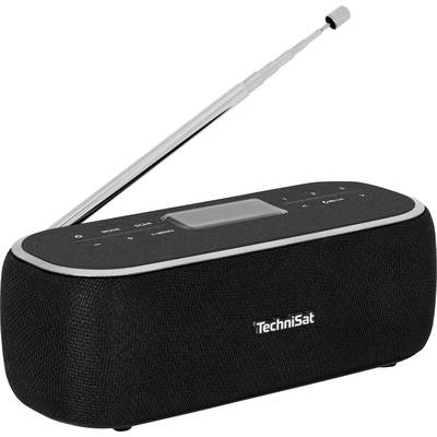 Prenosljiv črn radio znamke TechniSat z nastavljivo anteno in upravljalnimi tipkami na zgornji strani.