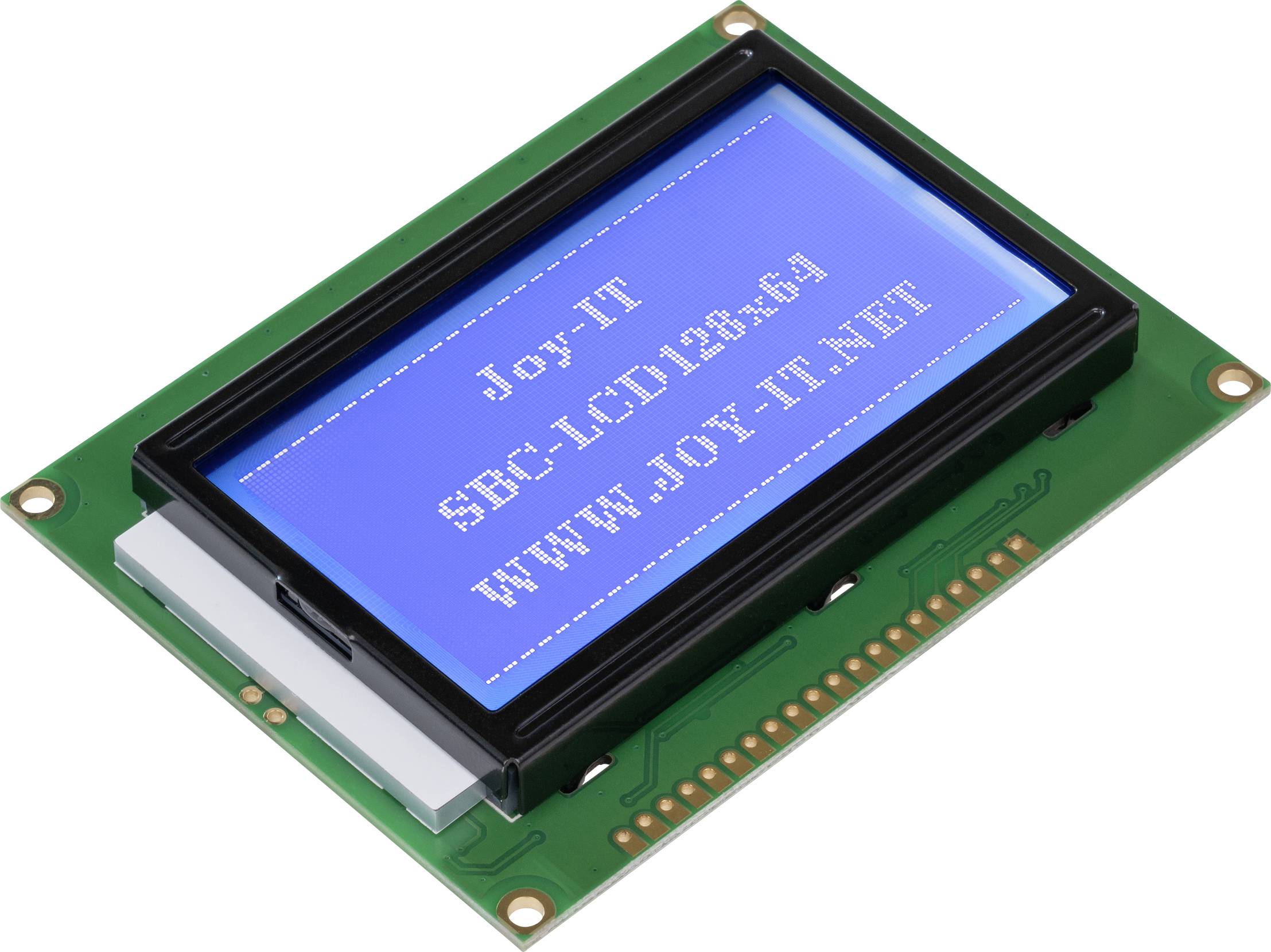 LCD modul z modro osvetlitvijo v ozadju prikazuje besedilo: 'Joy-IT SBC-LCD123x69 WWW.JOY-IT.NET'.