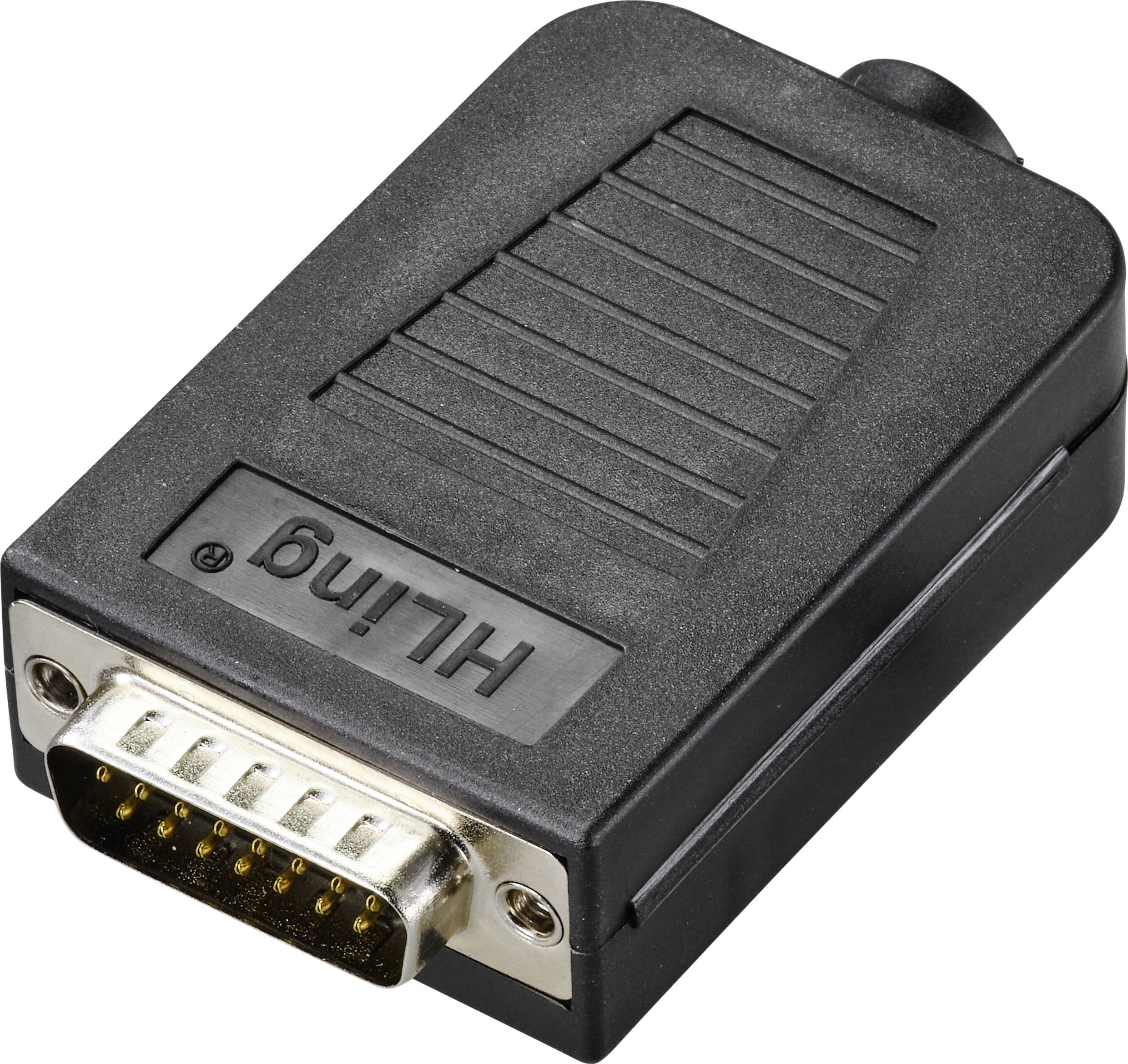 Črn VGA-adapter z moškim priključkom, značilen za priklop računalniških zaslonov.