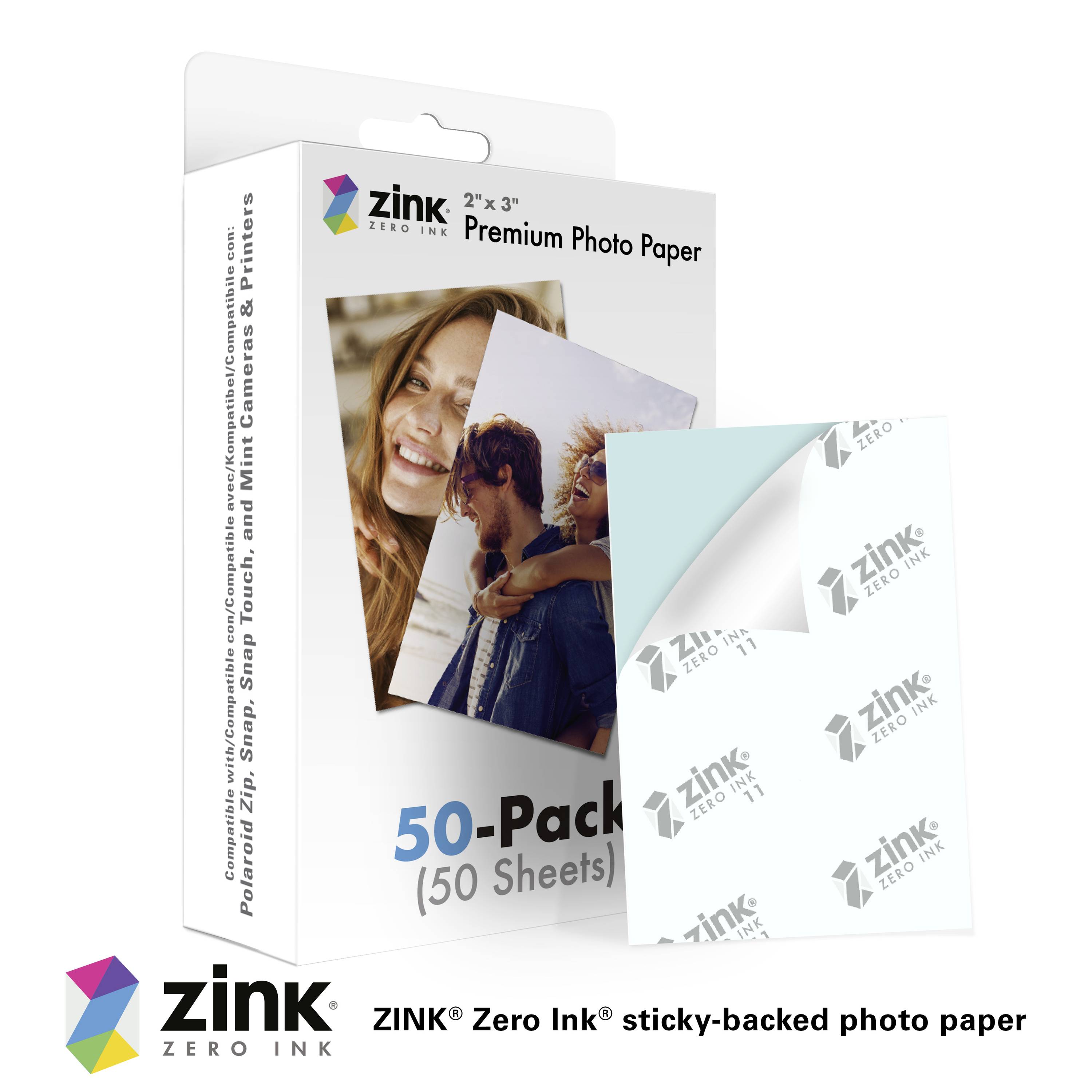 'ZINK' 2x3 fotografski papir v paketu s 50 listi. Prikazuje primer slike para na plaži. Samoljepilni, brezčrnilni fotografski papir.