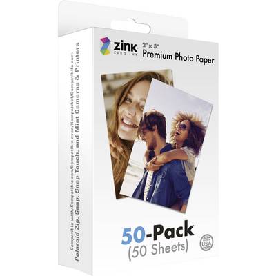 Embalaža cinkastega premium foto papirja 2x3 palca, 50 listov. Na embalaži sta prikazani dve fotografiji, ki prikazujeta vesele ljudi.