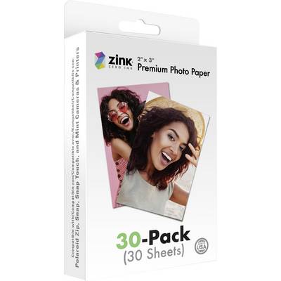 Embalaža cinka Premium fotografskega papirja, 30 listov, prikazuje dva nasmejana posameznika na natisnjenih fotografijah, združljiva s Polaroid Zip.