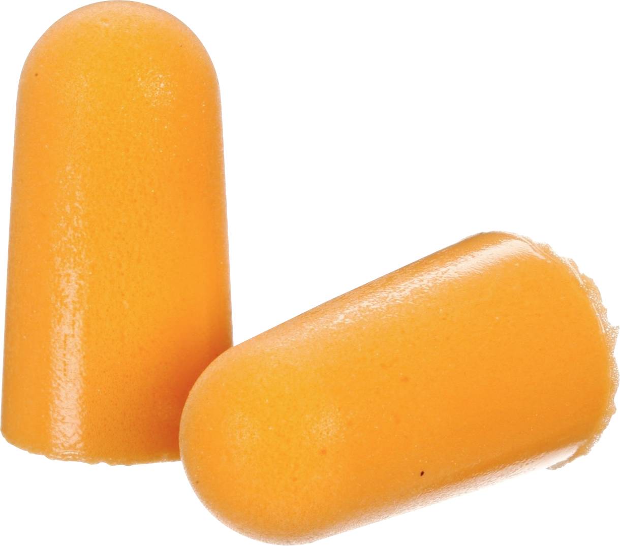 Dva oranžna čepka za ušesa iz pene ležita eden poleg drugega, eden pokončno, drugi pa ležeče.