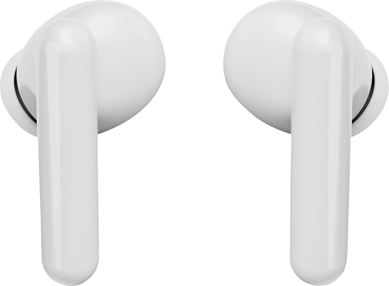 Bele brezžične slušalke in-ear z dolgastimi nastavki, postavljene ena poleg druge na svetlem ozadju.